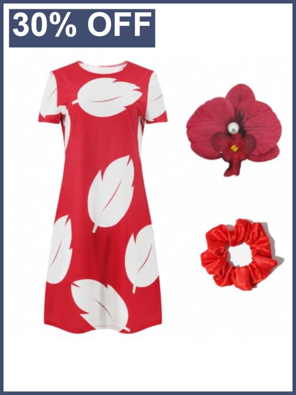 Hawaiian Leaf Print Midi Dress with Flower Clip and Scrunchie Set
